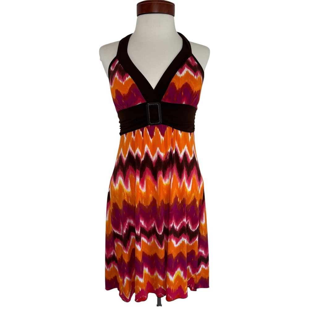 VTG IZ Byer California Halter Dress M Pink‎ Orange Ikat Print Buckle Y2K Summer